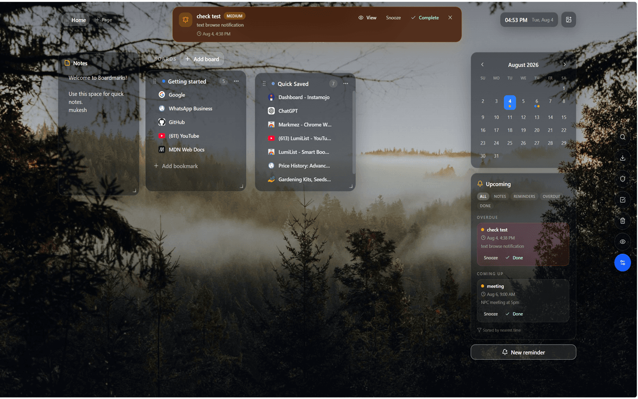 Boardmarks sticky due alert and upcoming reminders panel