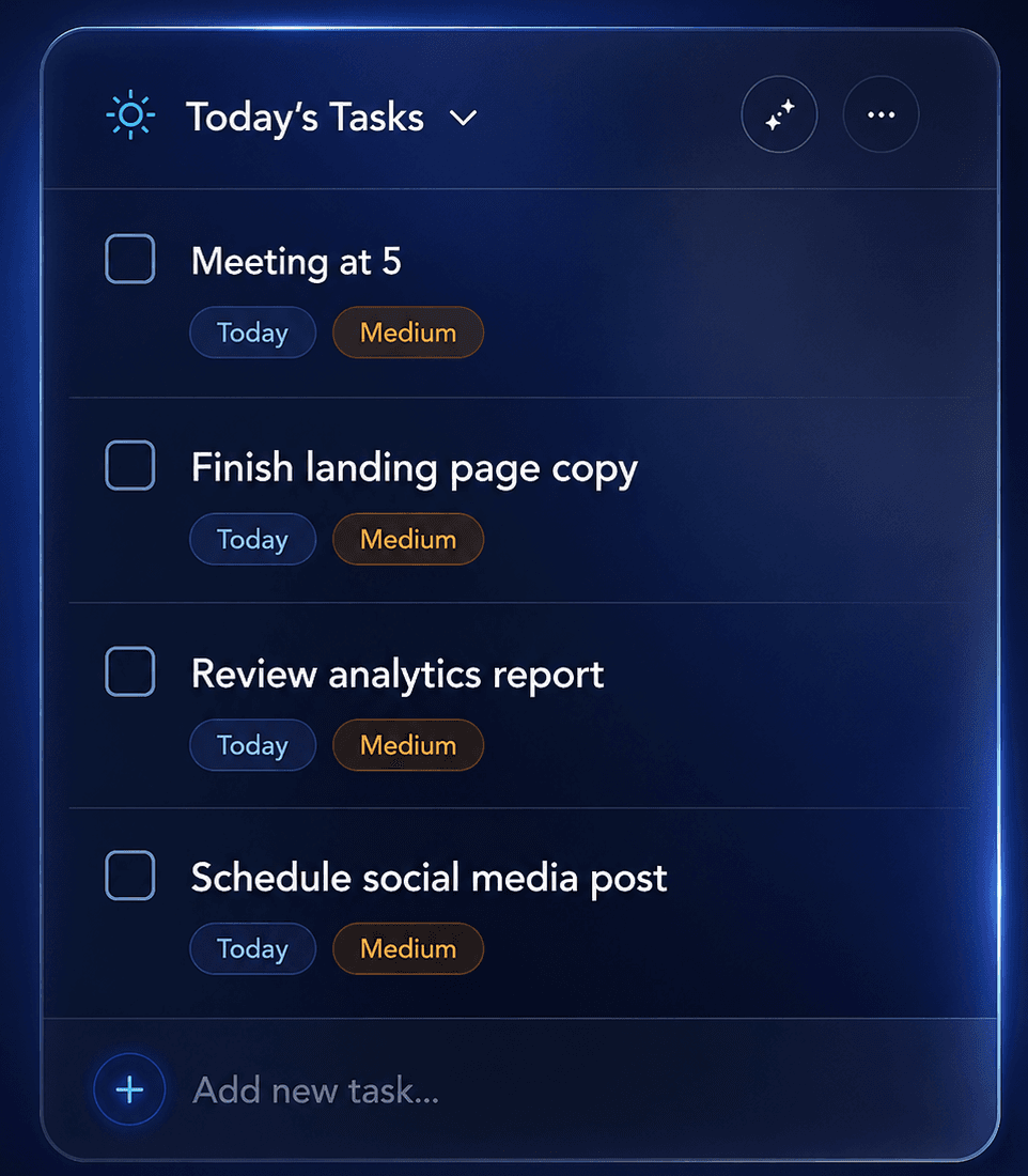 Boardmarks Today's Tasks panel with checkboxes, priority tags, and add new task