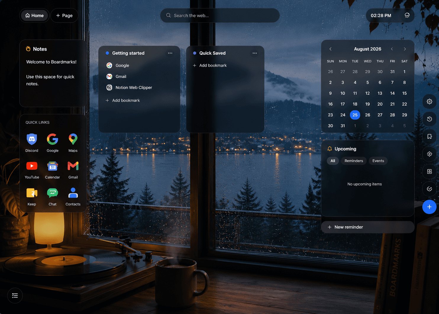 Boardmarks bookmark boards on the Chrome New Tab, with a Quick Saved board, notes panel and calendar
